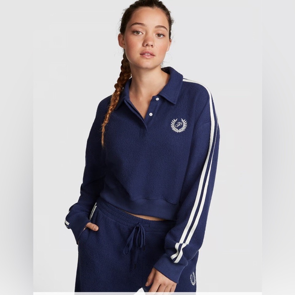 PINK Victoria's Secret Women's Fleece Cropped Polo Sweatshirt in Midnight Navy